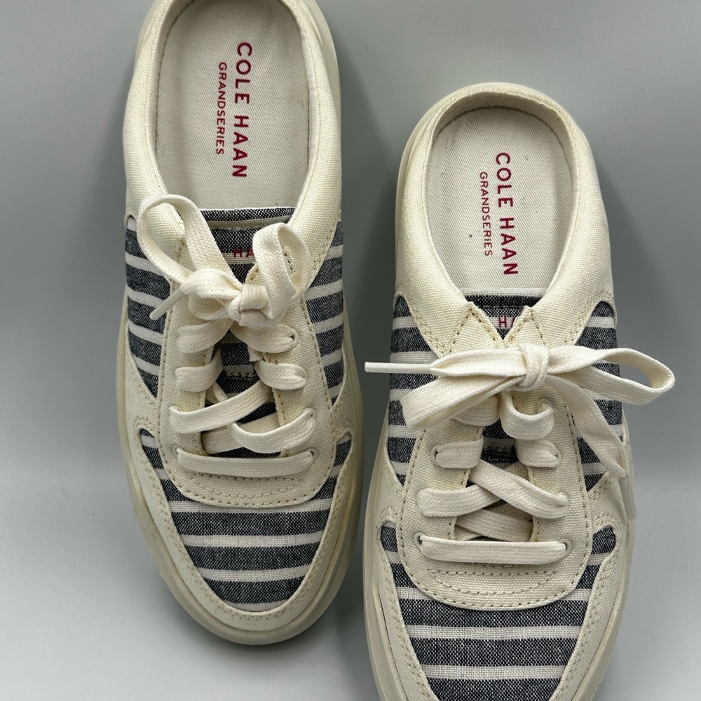 Cole Haan GP Rally Mule Sneaker Women’s 6.5B Blue Linen Stripe Slip-On Shoes
